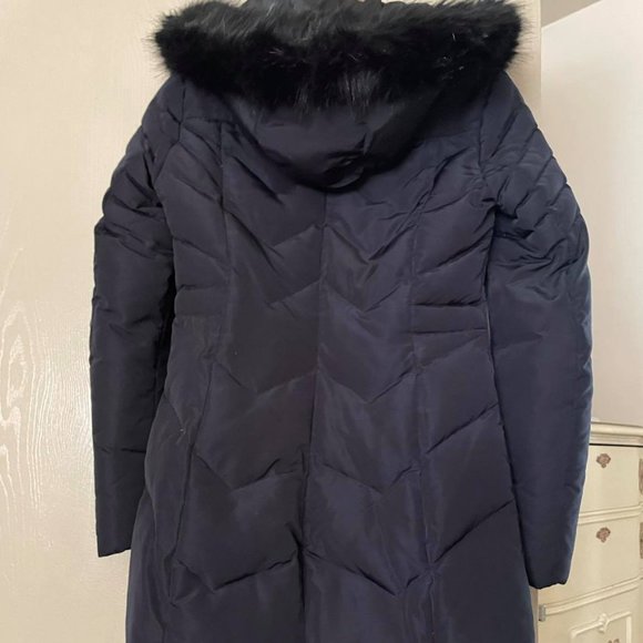 XS New Zara Puffer Taffeta Hooded Fitted Knee Mid Length Coat Midnight Blue - Picture 4 of 7
